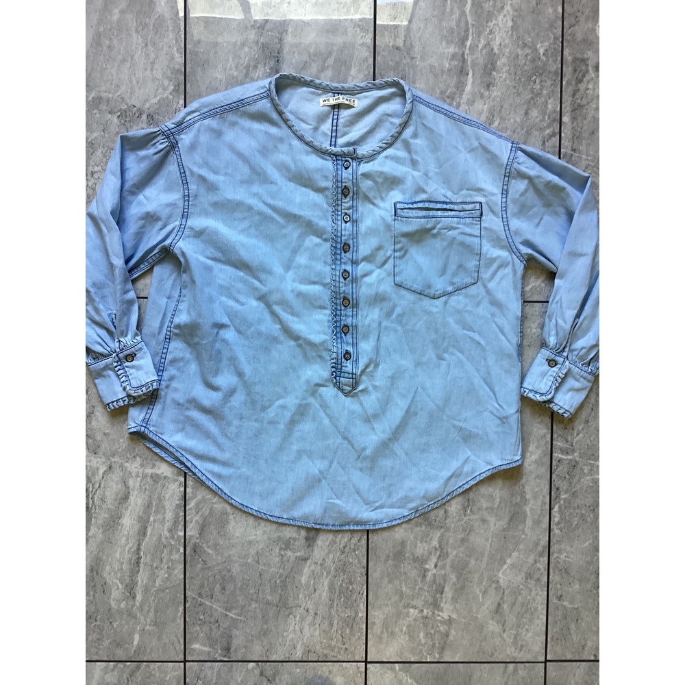 We The Free Free People Womens XS Blue Chambray Ruffle Henley Denim Shirt Top